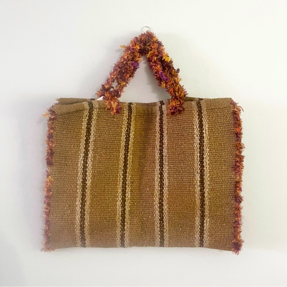 Unique Handmade Carpet Bag Tote Striped Brown w Pink Yellow Accents Read Notes - Picture 1 of 8